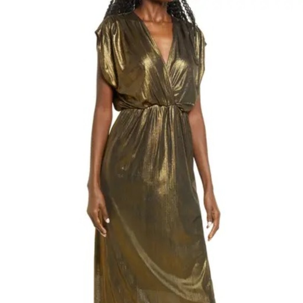 Gold Metallic Maxi Dress With V-Neck